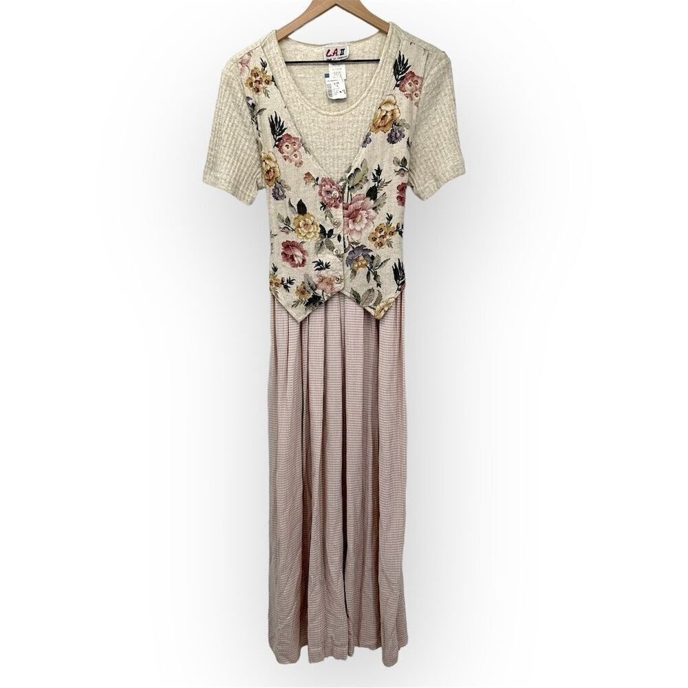Floral Patchwork V-Neck Midi Dress Mauve Short Sleeve Size 14 Vintage